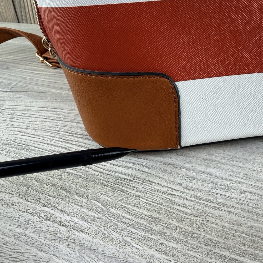 Michael Kors Red White Striped Satchel Crossbody Bag Gold Tone Charm Purse - Picture 15 of 16